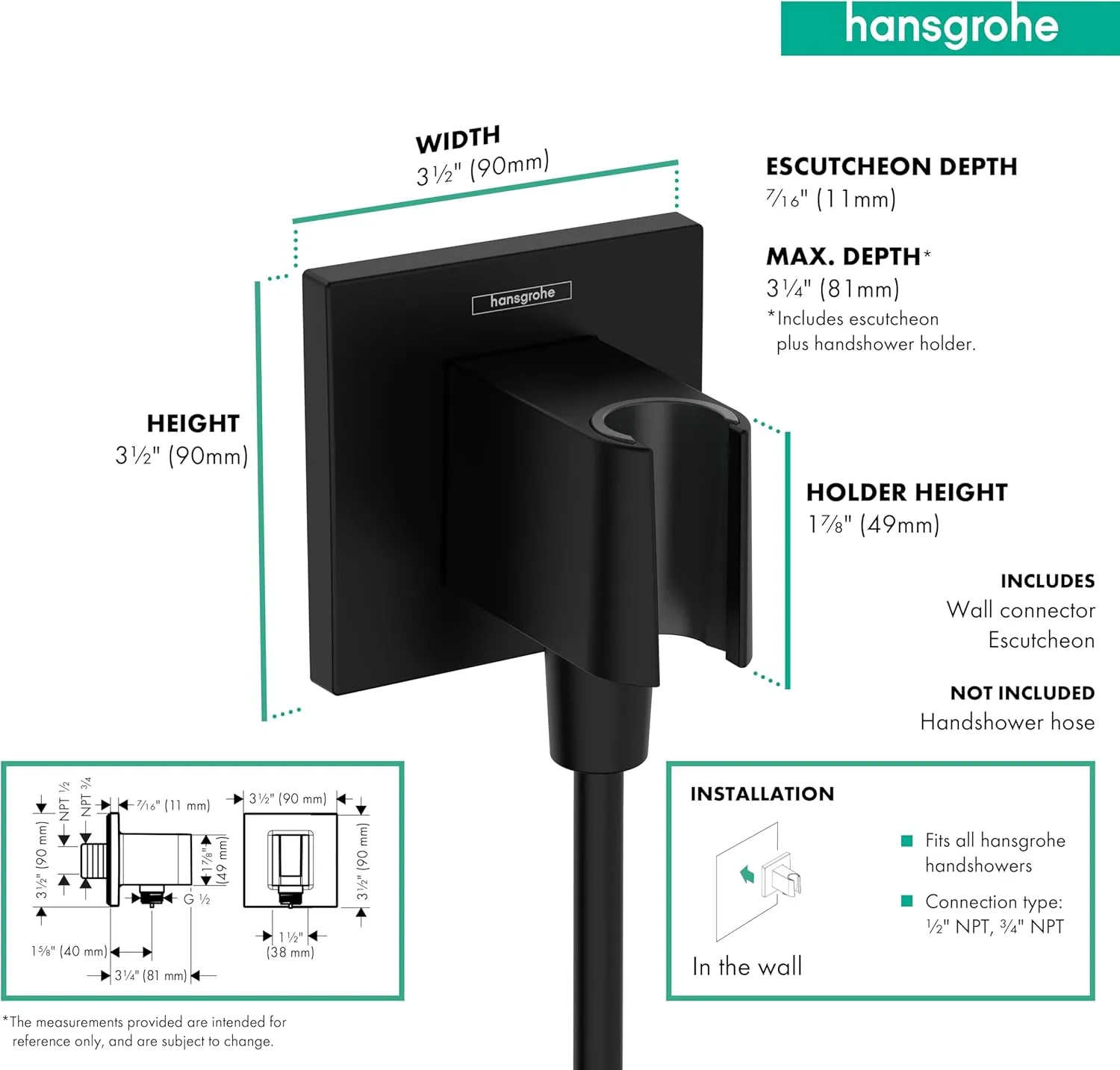 hansgrohe Handheld Shower Wall Outlet 1/2-inch Thread Connection in Matte Black, 26889671