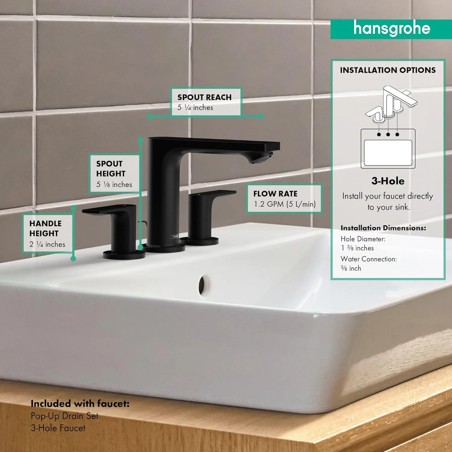 Hansgrohe Rebris E Contemporary 2-Handle 3-Hole 5-inch Tall Bathroom Sink Faucet in Matte Black, 72532671