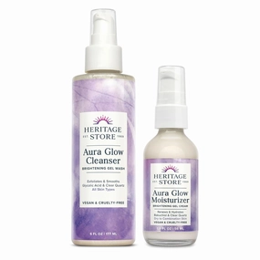 HERITAGE STORE Aura Glow Facial Cleanser, Facial Moisturizer - Daily Skin Care Bundle - Brightening Face Wash, Moisture-Rich Gel Cream, Add Radiance w/Clear Quartz, Vegan, Hypoallergenic, 6oz/1.9oz