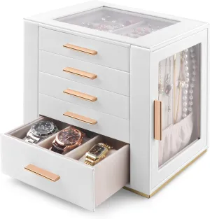 Homeanda Large Jewelry Organizer Box for Women - 2-Layer PU Leather Storage Case for Rings, Earrings, Necklaces, Bracelets, Watches & Hair Accessories (White)