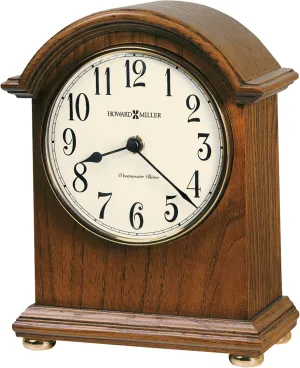 Howard Miller Myra Mantel Clock - Quartz Movement Battery Operated Analog Table Clock with Westminster Chime, Arch Style, White Dial, Brown Wooden Finish for Home Living Room Decor and Shelf Display