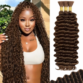 Human Braiding Hair for Boho Braids 110g 20 Inch Color 4 Deep Wave Boho Bulk Human Hair for Braiding Knotless 12A Wet and Wavy Bohemian 3 No Weft Bundles/Pack Curly Braids Brown