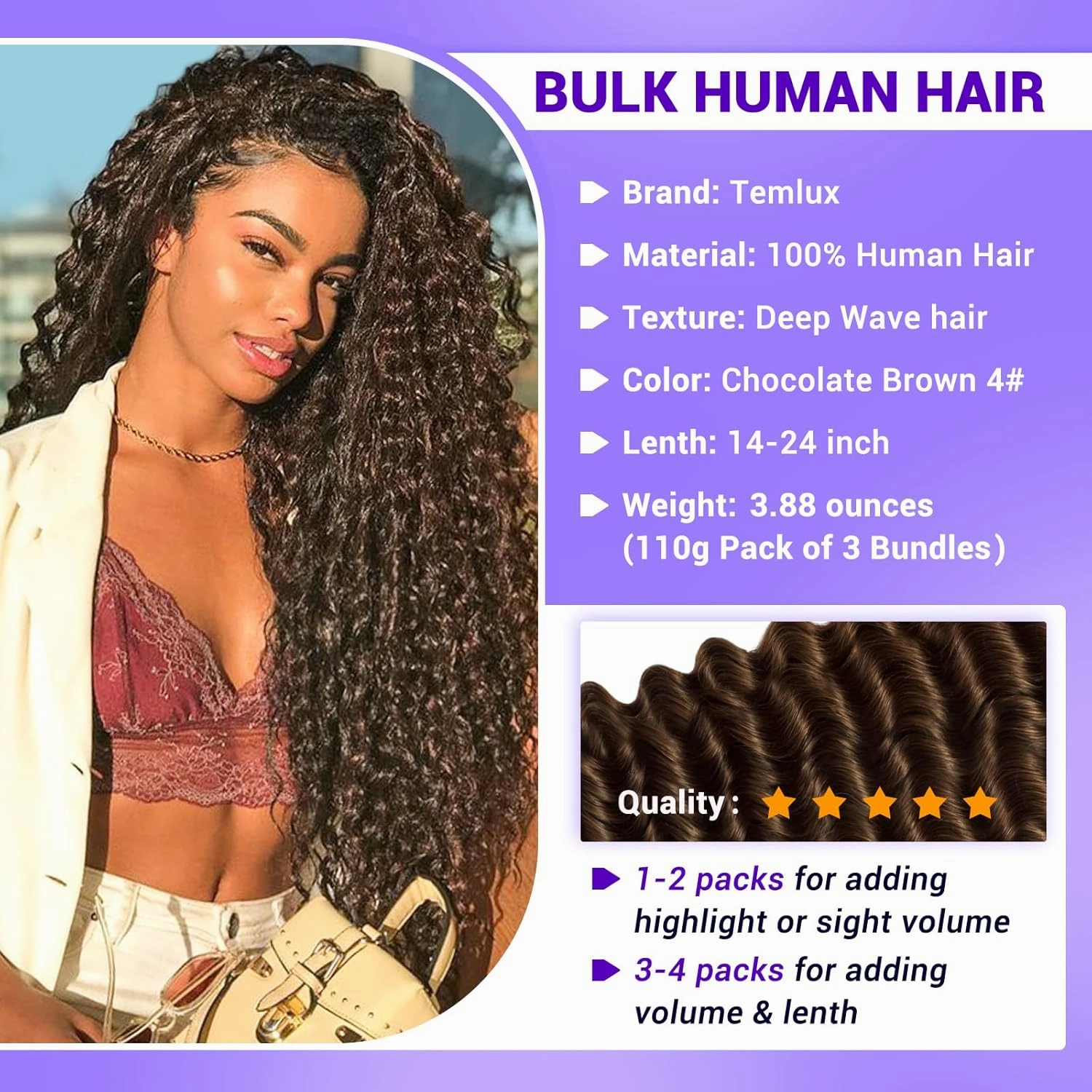 Human Braiding Hair for Boho Braids 110g 20 Inch Color 4 Deep Wave Boho Bulk Human Hair for Braiding Knotless 12A Wet and Wavy Bohemian 3 No Weft Bundles/Pack Curly Braids Brown