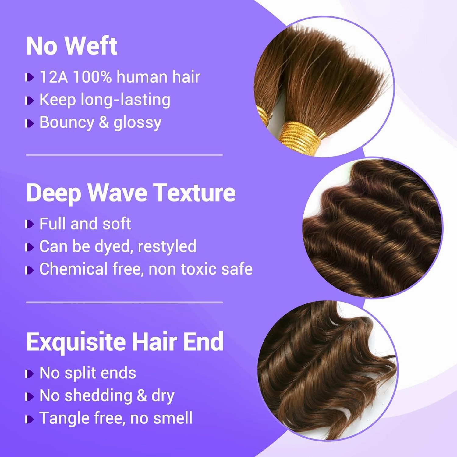 Human Braiding Hair for Boho Braids 110g 20 Inch Color 4 Deep Wave Boho Bulk Human Hair for Braiding Knotless 12A Wet and Wavy Bohemian 3 No Weft Bundles/Pack Curly Braids Brown
