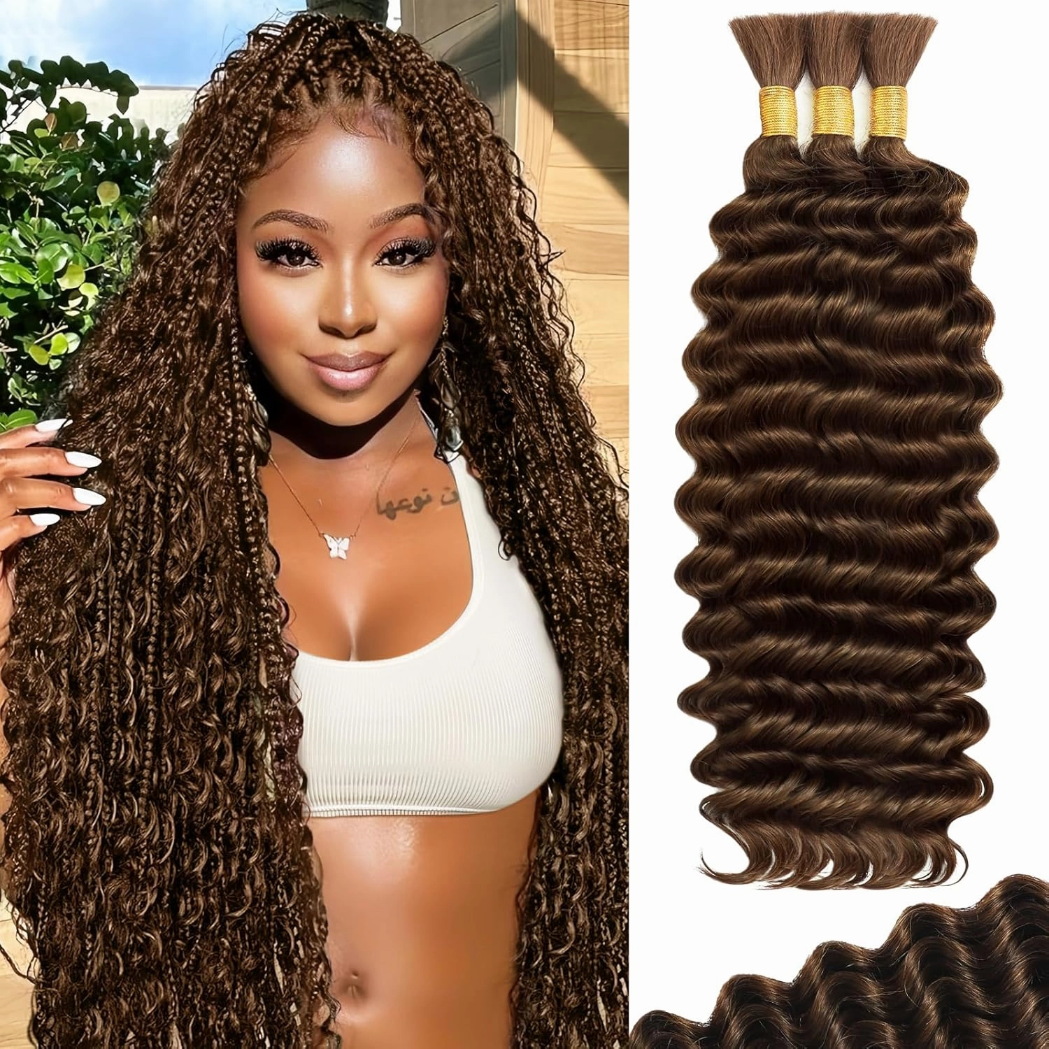Human Braiding Hair for Boho Braids 110g 20 Inch Color 4 Deep Wave Boho Bulk Human Hair for Braiding Knotless 12A Wet and Wavy Bohemian 3 No Weft Bundles/Pack Curly Braids Brown