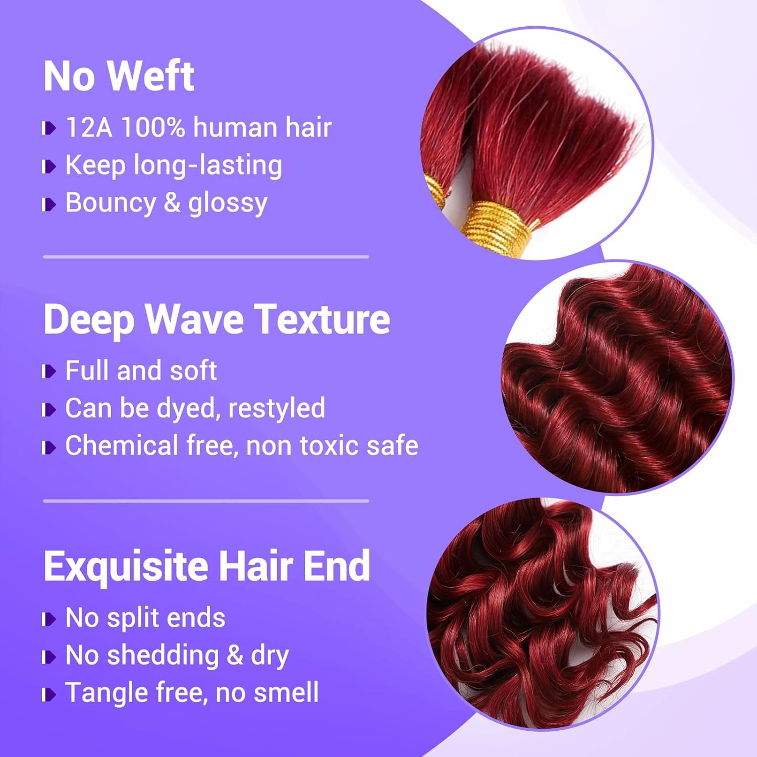 Human Braiding Hair for Boho Braids 110g 20 Inch Deep Wave Boho Bulk Human Hair for Braiding Knotless 12A Wet and Wavy Bohemian 3 No Weft Bundles/Pack Curly Braids Burgundy