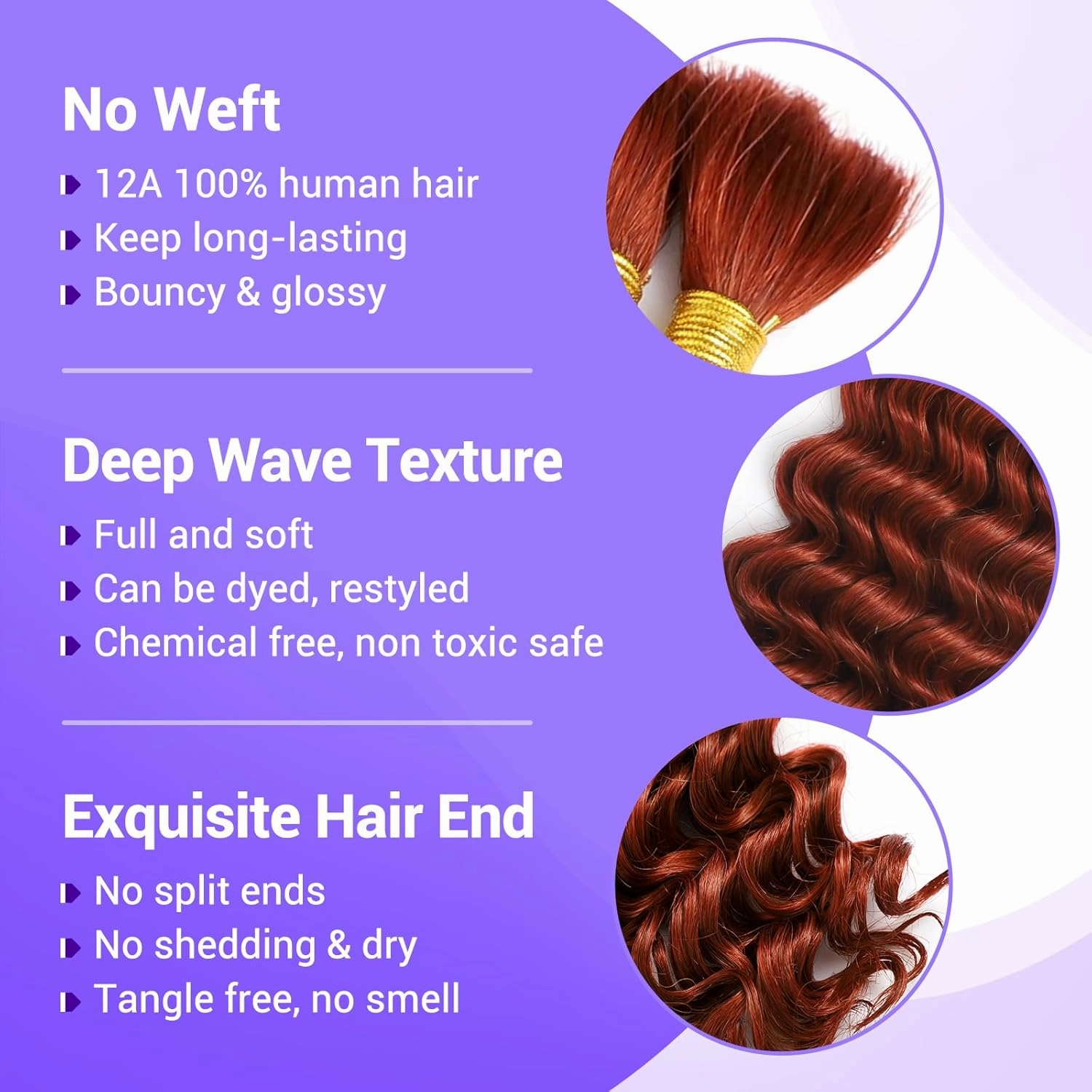 Human Braiding Hair for Boho Braids 110g 20 Inch Deep Wave Boho Bulk Human Hair for Braiding Knotless 12A Wet and Wavy Bohemian 3 No Weft Bundles/Pack Curly Braids Copper