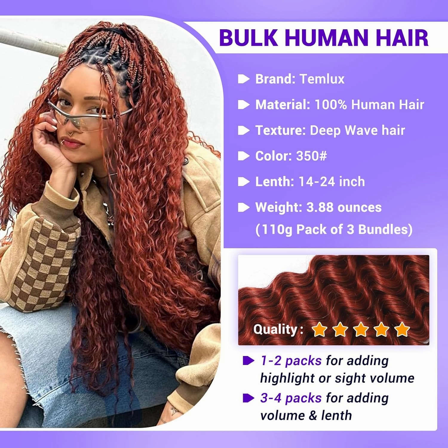Human Braiding Hair for Boho Braids 110g 20 Inch Deep Wave Boho Bulk Human Hair for Braiding Knotless 12A Wet and Wavy Bohemian 3 No Weft Bundles/Pack Curly Braids Copper