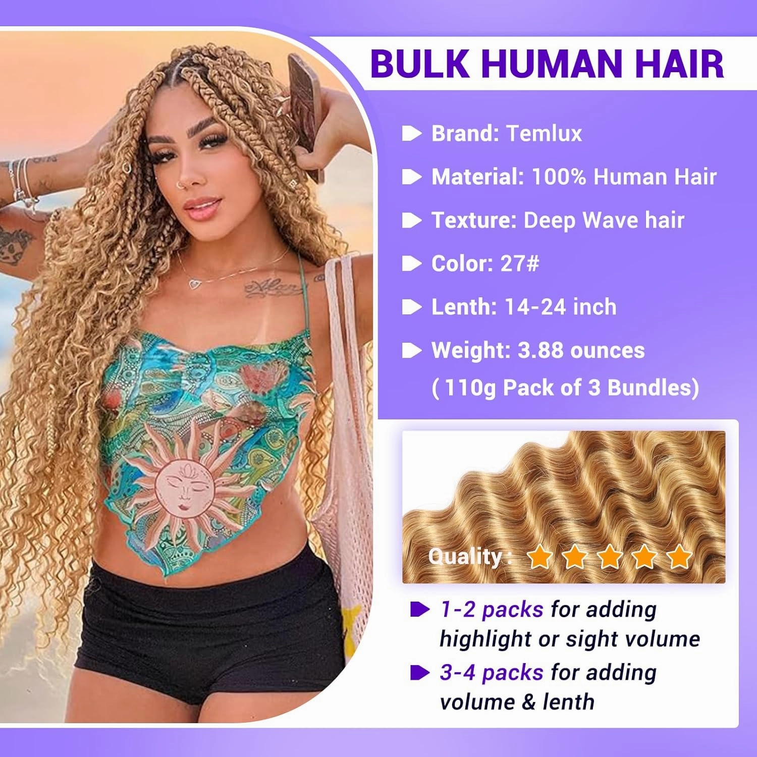 Human Braiding Hair for Boho Braids 110g 20 Inch Deep Wave Boho Bulk Human Hair for Braiding Knotless 12A Wet and Wavy Bohemian 3 No Weft Bundles/Pack Curly Braids Honey Blonde
