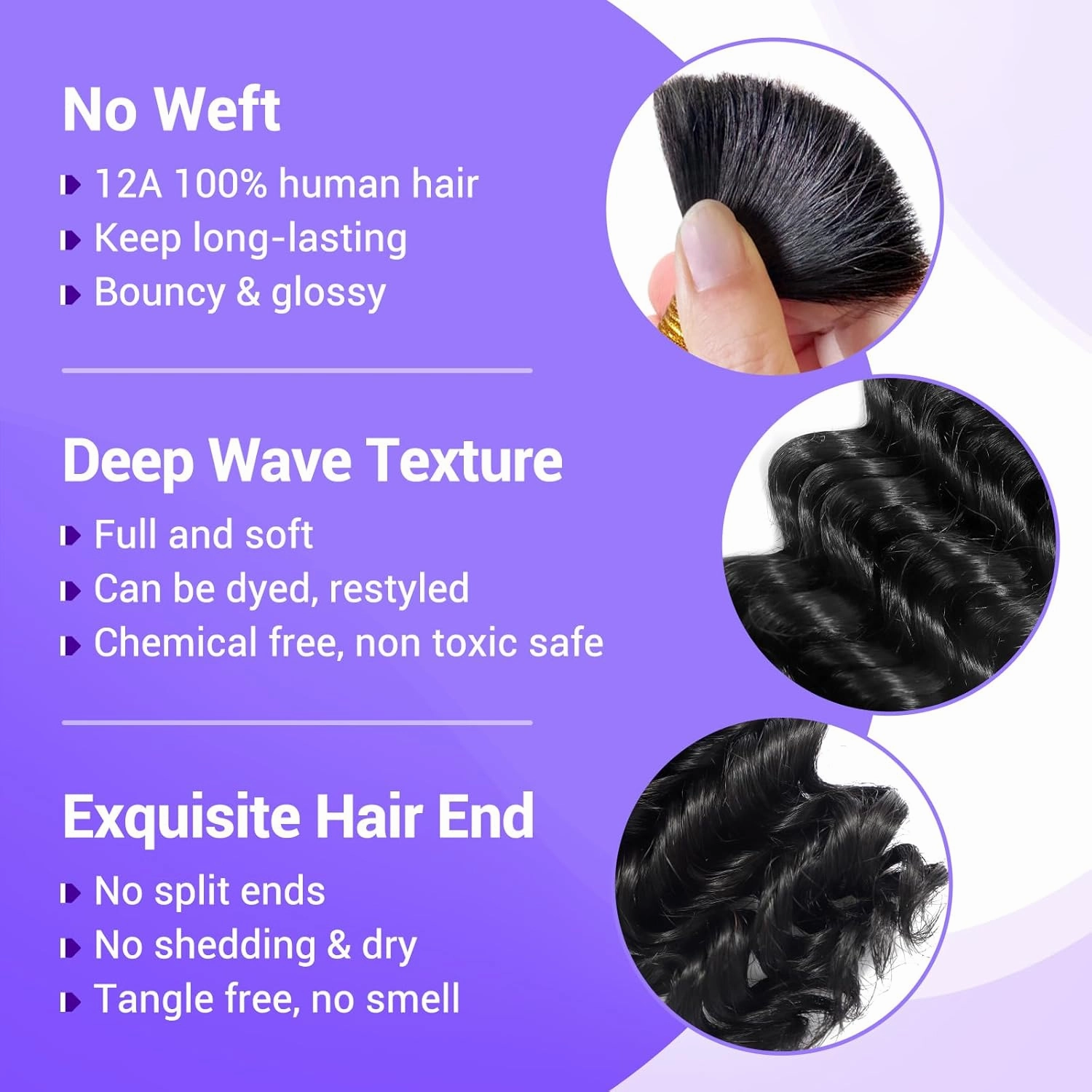 Human Braiding Hair for Boho Braids 110g 20 Inch Deep Wave Boho Bulk Human Hair for Braiding Knotless 12A Wet and Wavy Bohemian 3 No Weft Bundles/Pack Curly Braids Natural Color
