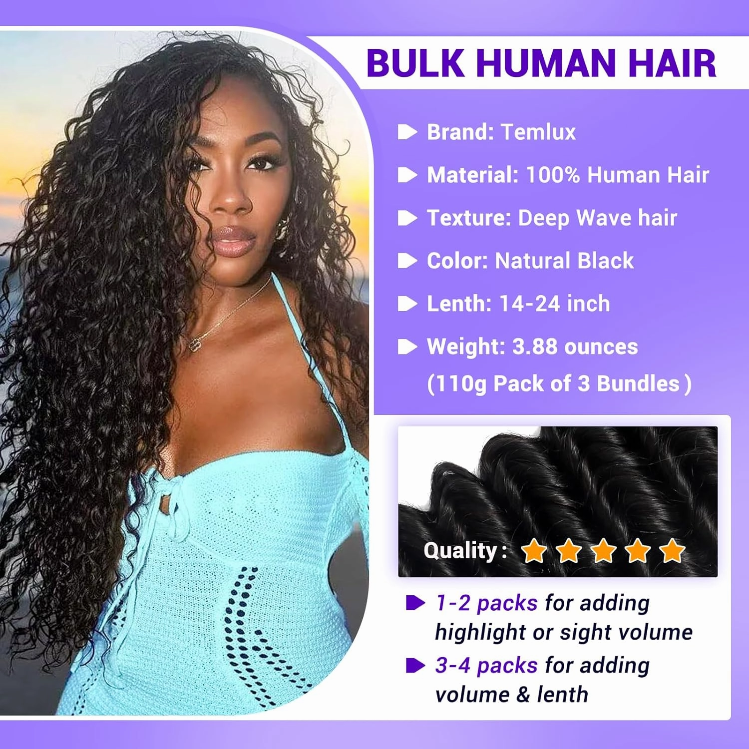 Human Braiding Hair for Boho Braids 110g 20 Inch Deep Wave Boho Bulk Human Hair for Braiding Knotless 12A Wet and Wavy Bohemian 3 No Weft Bundles/Pack Curly Braids Natural Color