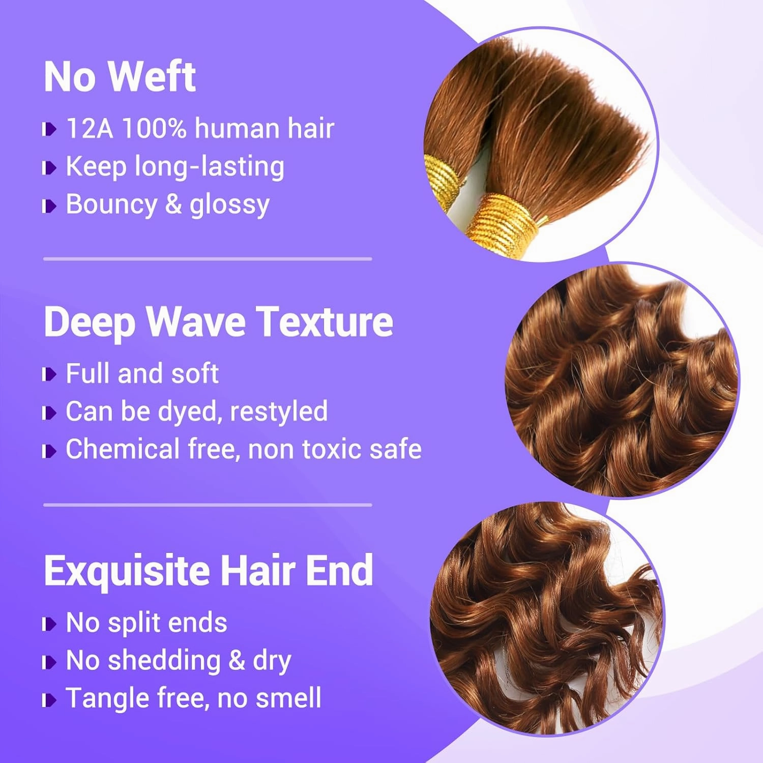 Human Braiding Hair for Boho Braids 110g Deep Wave Boho Bulk Human Hair for Braiding Knotless 12A Wet and Wavy Bohemian 3 No Weft Bundles/Pack Curly Braids Auburn Ginger 18 Inch