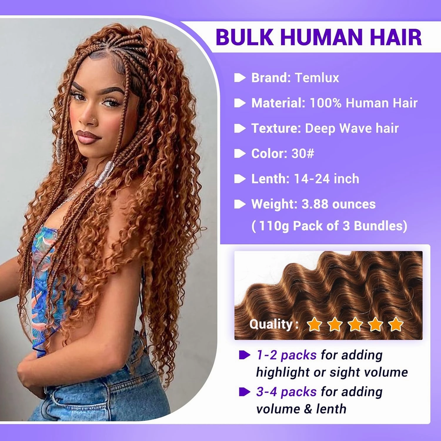 Human Braiding Hair for Boho Braids 110g Deep Wave Boho Bulk Human Hair for Braiding Knotless 12A Wet and Wavy Bohemian 3 No Weft Bundles/Pack Curly Braids Auburn Ginger 18 Inch