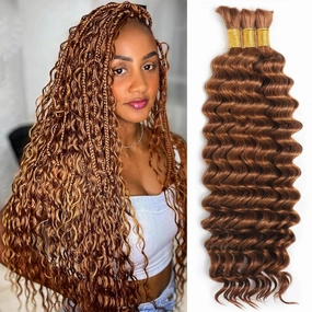Human Braiding Hair for Boho Braids 110g Deep Wave Boho Bulk Human Hair for Braiding Knotless 12A Wet and Wavy Bohemian 3 No Weft Bundles/Pack Curly Braids Auburn Ginger 18 Inch