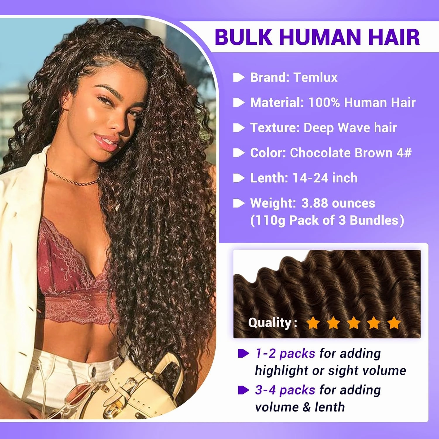 Human Braiding Hair for Boho Braids 110g Deep Wave Boho Bulk Human Hair for Braiding Knotless 12A Wet and Wavy Bohemian 3 No Weft Bundles/Pack Curly Braids Brown 18 Inch