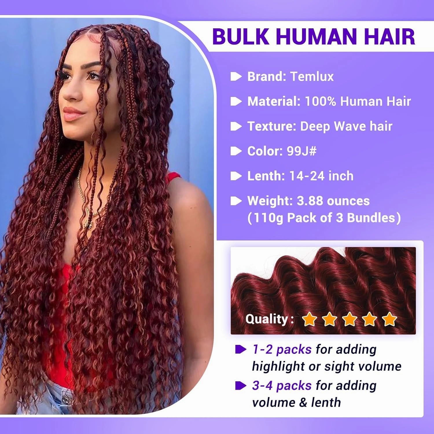 Human Braiding Hair for Boho Braids 110g Deep Wave Boho Bulk Human Hair for Braiding Knotless 12A Wet and Wavy Bohemian 3 No Weft Bundles/Pack Curly Braids Burgundy 18 Inch