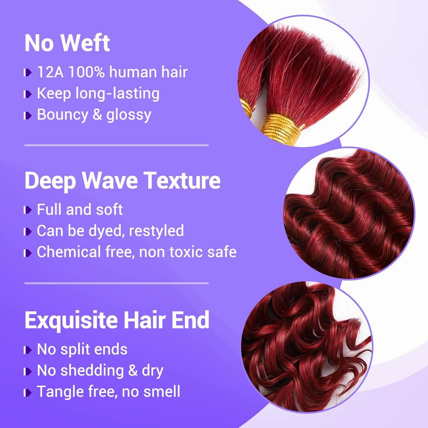 Human Braiding Hair for Boho Braids 110g Deep Wave Boho Bulk Human Hair for Braiding Knotless 12A Wet and Wavy Bohemian 3 No Weft Bundles/Pack Curly Braids Burgundy 18 Inch