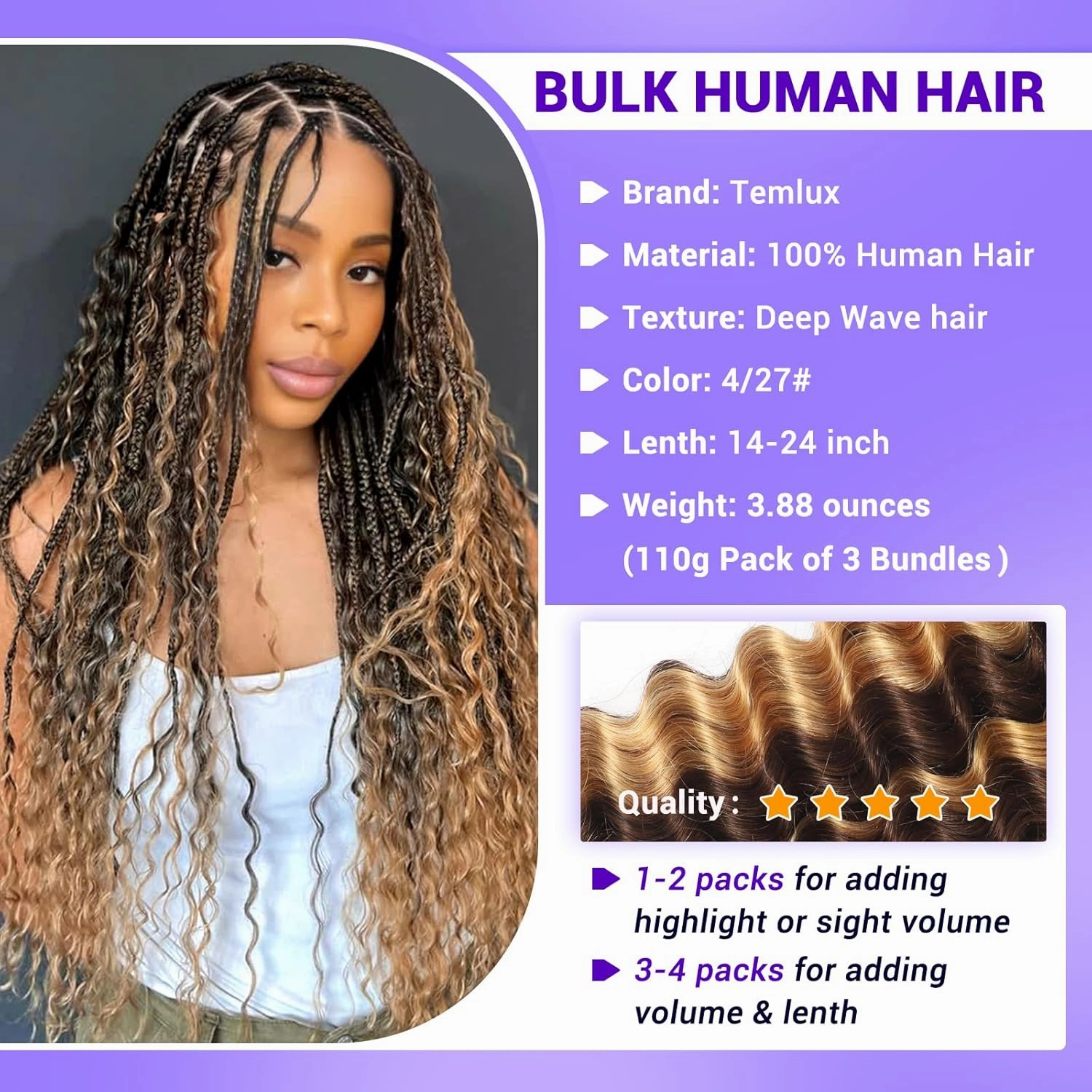 Human Braiding Hair for Boho Braids 110g Deep Wave Boho Bulk Human Hair for Braiding Knotless 12A Wet and Wavy Bohemian 3 No Weft Bundles/Pack Curly Braids Highlight Balayage 18 Inch