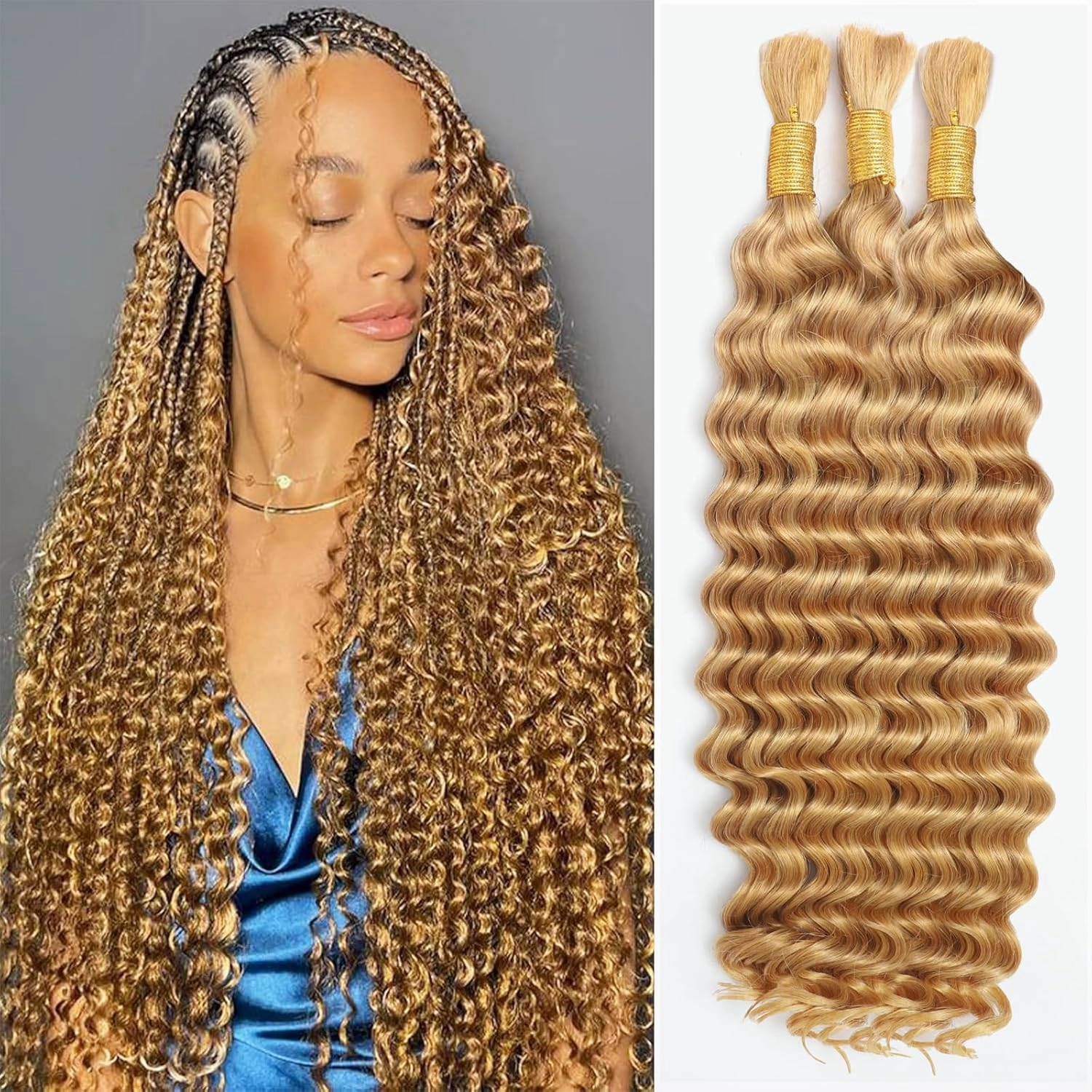 Human Braiding Hair for Boho Braids 110g Deep Wave Boho Bulk Human Hair for Braiding Knotless 12A Wet and Wavy Bohemian 3 No Weft Bundles/Pack Curly Braids Honey Blonde 18 Inch