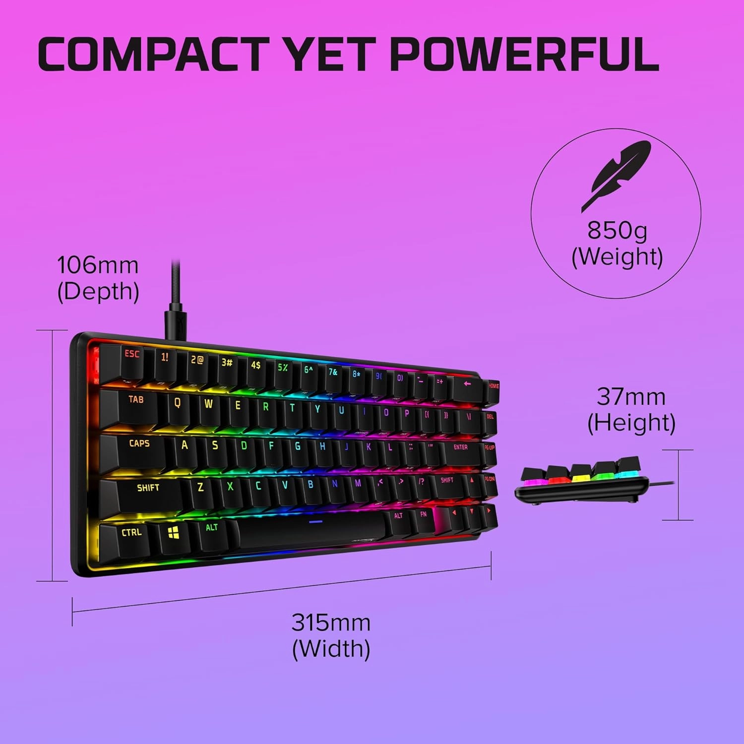 HyperX Alloy Origins 65 - Mechanical Gaming Keyboard – Compact 65% Form Factor - Tactile Aqua Switch - Double Shot PBT Keycaps - RGB LED Backlit - NGENUITY Software Compatible