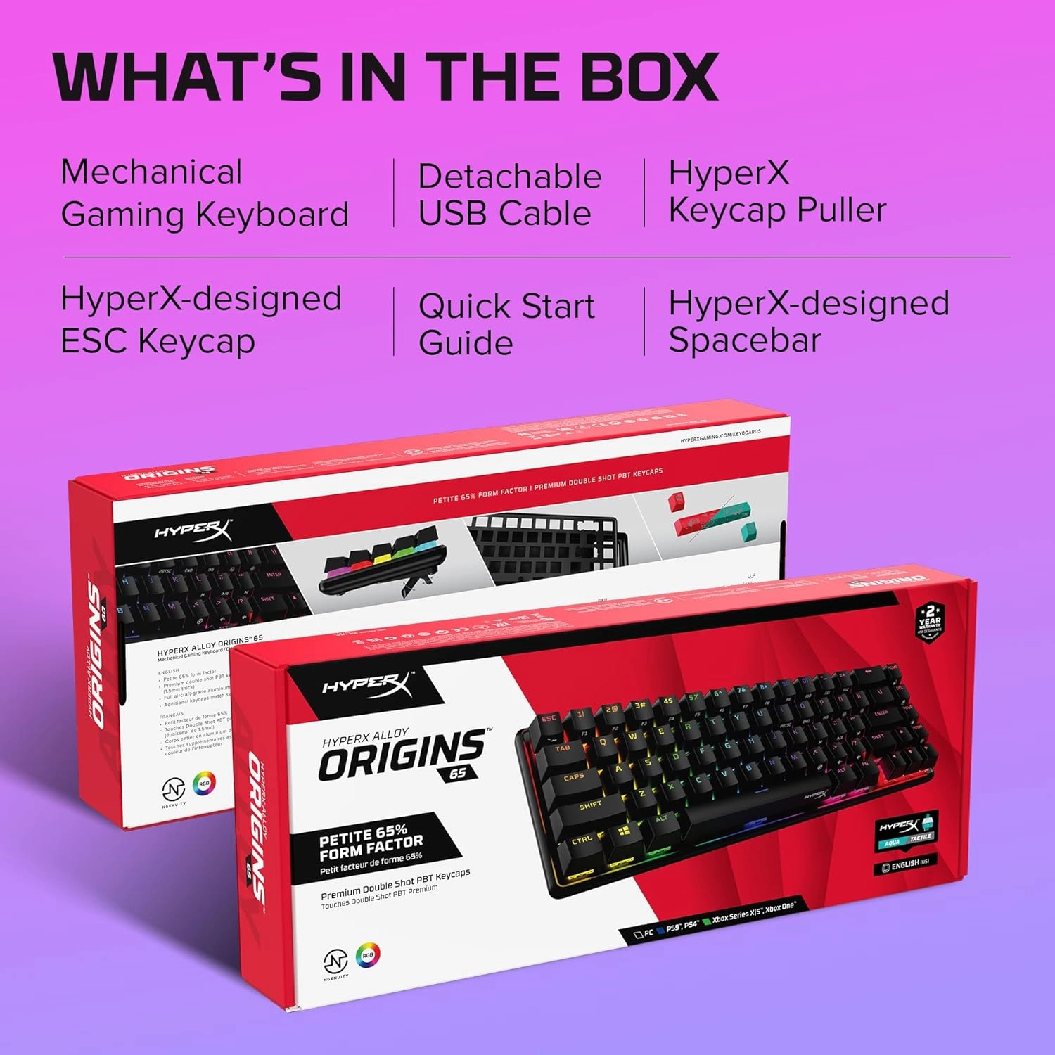 HyperX Alloy Origins 65 - Mechanical Gaming Keyboard – Compact 65% Form Factor - Tactile Aqua Switch - Double Shot PBT Keycaps - RGB LED Backlit - NGENUITY Software Compatible