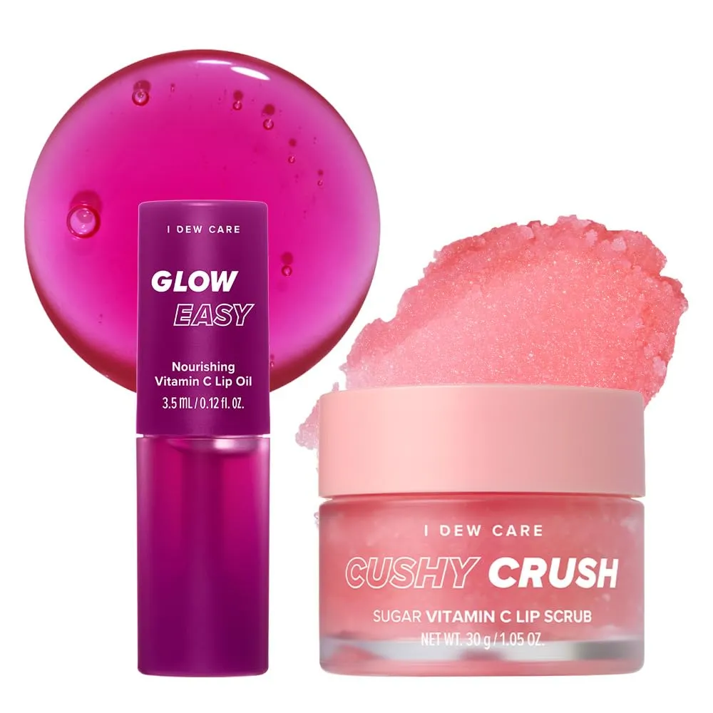 I DEW CARE Lip Scrub - Cushy Crush, 1.05 oz.   Lip Oil Gloss - Glow Easy, 0.12 Fl Oz Bundle