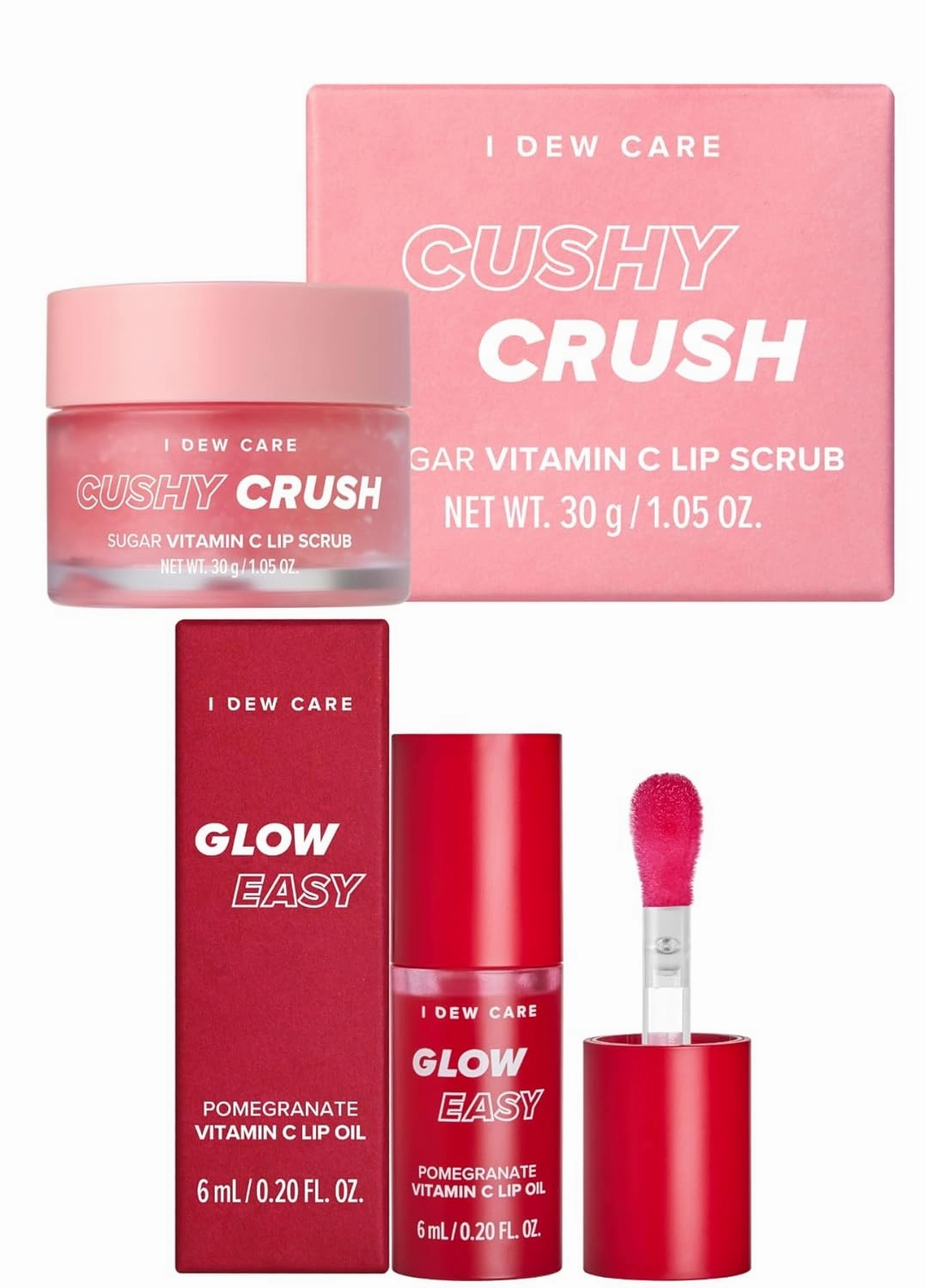 I DEW CARE Lip Scrub - Cushy Crush, 1.05 oz.   Lip Oil - Glow Easy Pomegranate, 0.20 Fl Oz Bundle