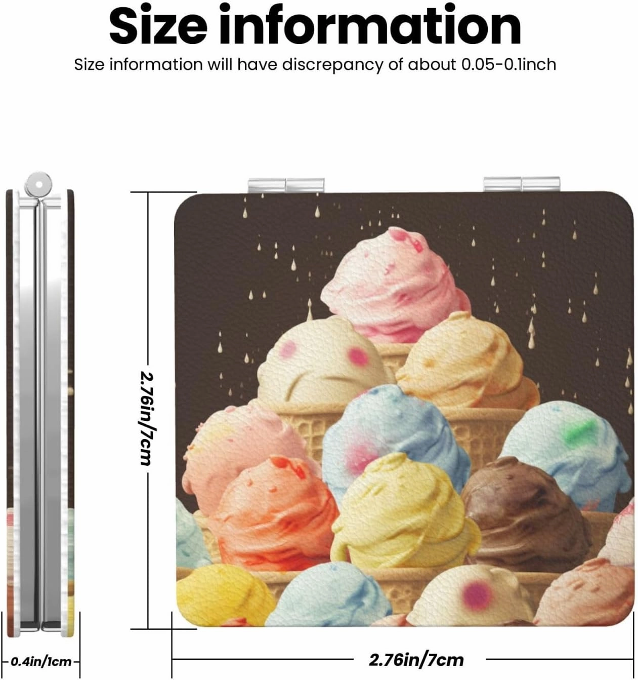 Ice Cream Printed Square Pocket Makeup Mirror with 1X/2X Magnification, Portable Mini Travel Makeup Mirror for Travel Daily Work Beauty