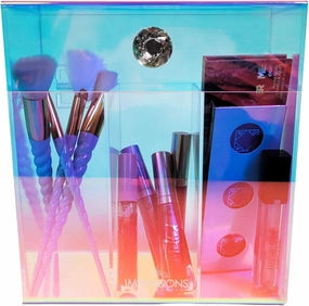 Impressions Vanity Prisma Clear Acrylic Makeup Brush Holder, 3 Slots Makeup Organizer with Flip Top Opening, Iridescent Plastic Vanity Organizers Storage Case for Cosmetic, Skincare Accessories