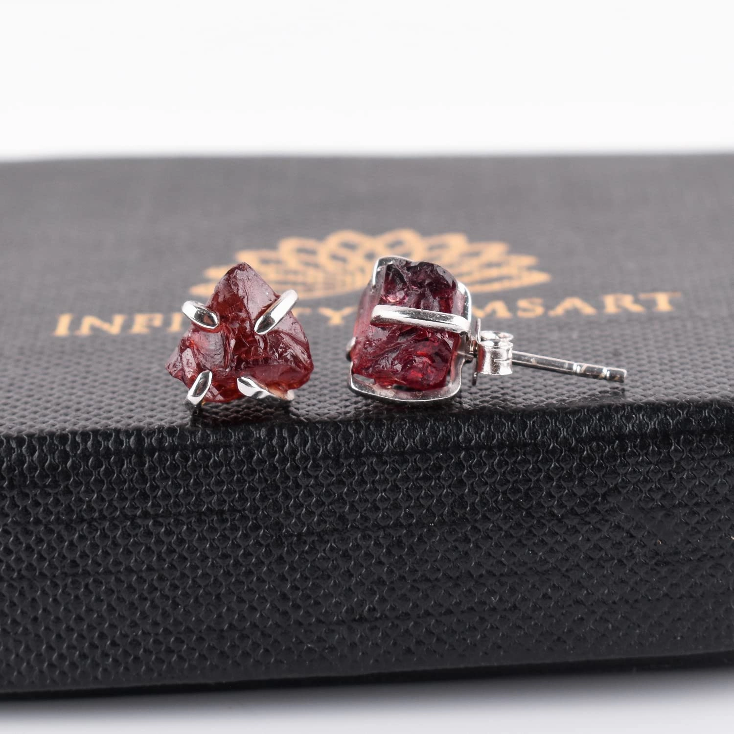 InfinityGemsArt Natural Raw Garnet Dainty Pair Stud Earrings, Birthstone Gifts for Women, Chakra Energy Crystals Jewelry in 925 Sterling Silver Chain Minimalist Gemstone Earrings