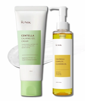 iUNIK Centella Calming Gel Cream & Calendula Jojoba Oil Cleansing Oil Vegan Gentle Cleaser & Moisturizer Non-Sticky Non-Greasy Oily Sensitive All Skin Types Plant-based Korean Skincare