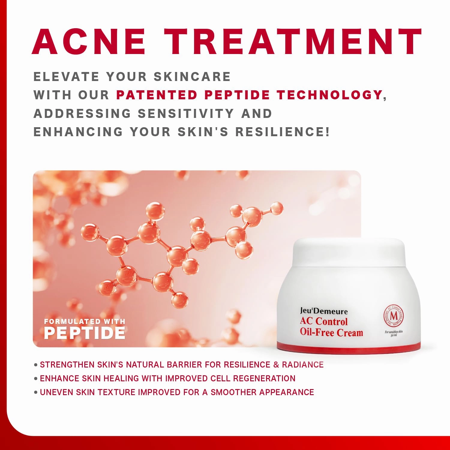 JEU'DEMEURE Korean skin care Acne Control Treatment Oil-Free Cream for Sensitive Skin, Pimple Breakout, Peptide, Calming, Blemish Acne 1.69 fl oz