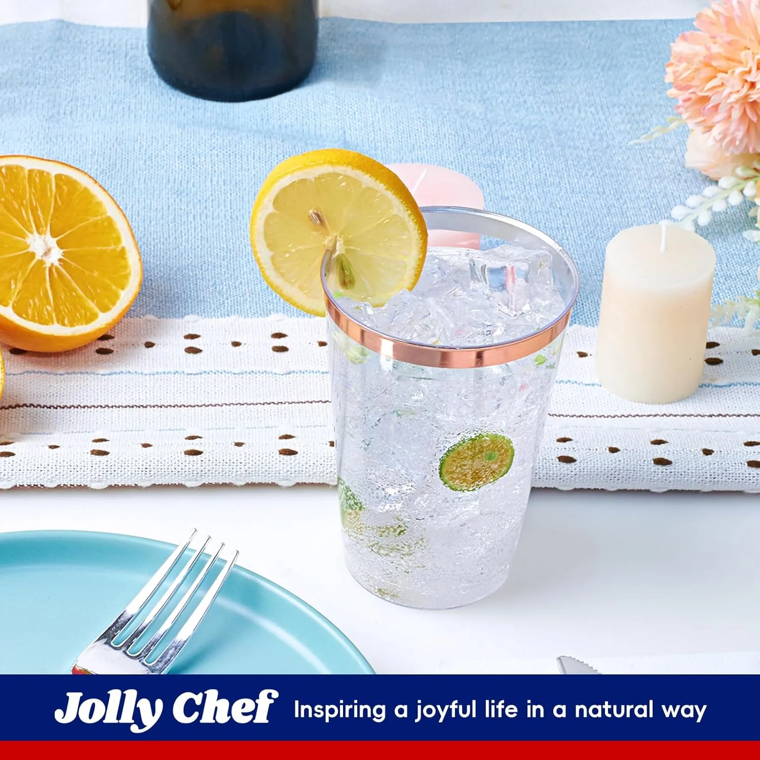JOLLY CHEF 100 Pack Rose Gold Plastic Disposable Cups, 12 oz Clear Plastic Cups Tumblers, Elegant Rose Gold Rim Disposable Glasses Perfect for Party Wedding