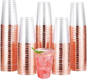 JOLLY CHEF 100 Pack Rose Gold Plastic Disposable Cups, 12 oz Clear Plastic Cups Tumblers, Elegant Rose Gold Rim Disposable Glasses Perfect for Party Wedding