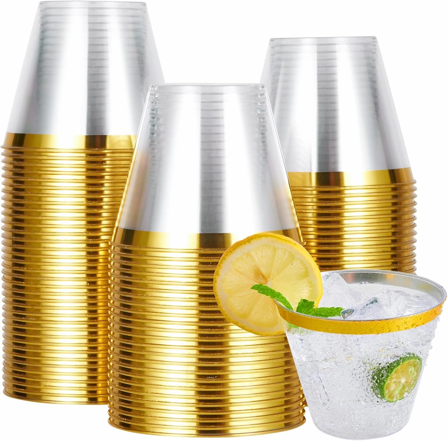 JOLLY CHEF 100 Pack Gold Plastic Cups, 9 oz Clear Plastic Tumblers, Elegant Gold Rimmed Cups, Disposable Glasses Perfect for Wedding, Thanksgiving Day, Christmas Party