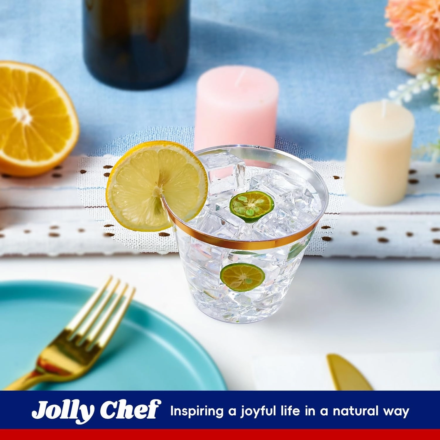 JOLLY CHEF 100 Pack Gold Plastic Cups, 9 oz Clear Plastic Tumblers, Elegant Gold Rimmed Cups, Disposable Glasses Perfect for Wedding, Thanksgiving Day, Christmas Party