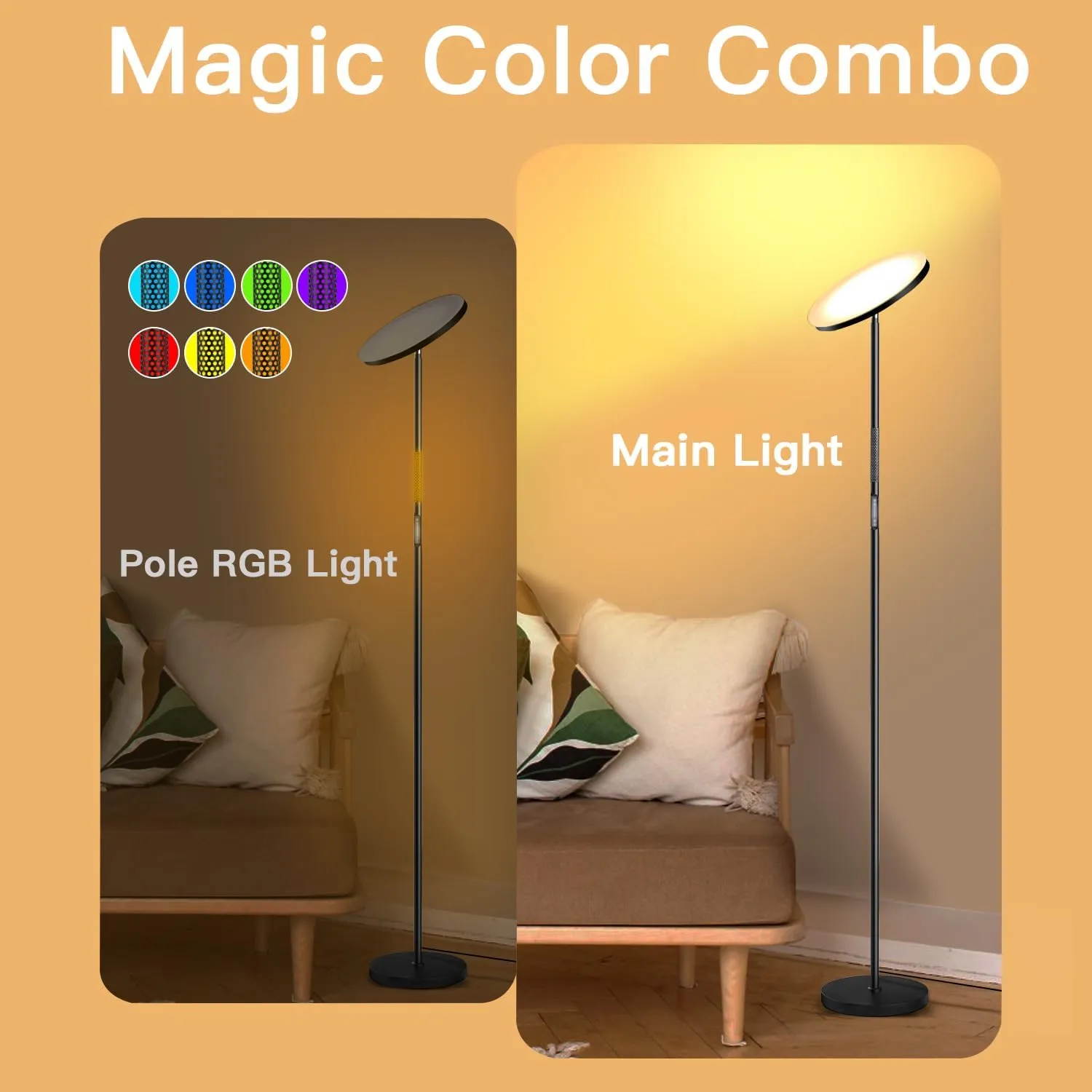 JOOFO LED Floor Lamp, RGB Atmosphere & Dimmable Bright Light with 3 Color Super Bright-Tall Standing Pole Light with Remote & Touch Control, Modern Lamp for Reading, Living Room, Bedroom, Office