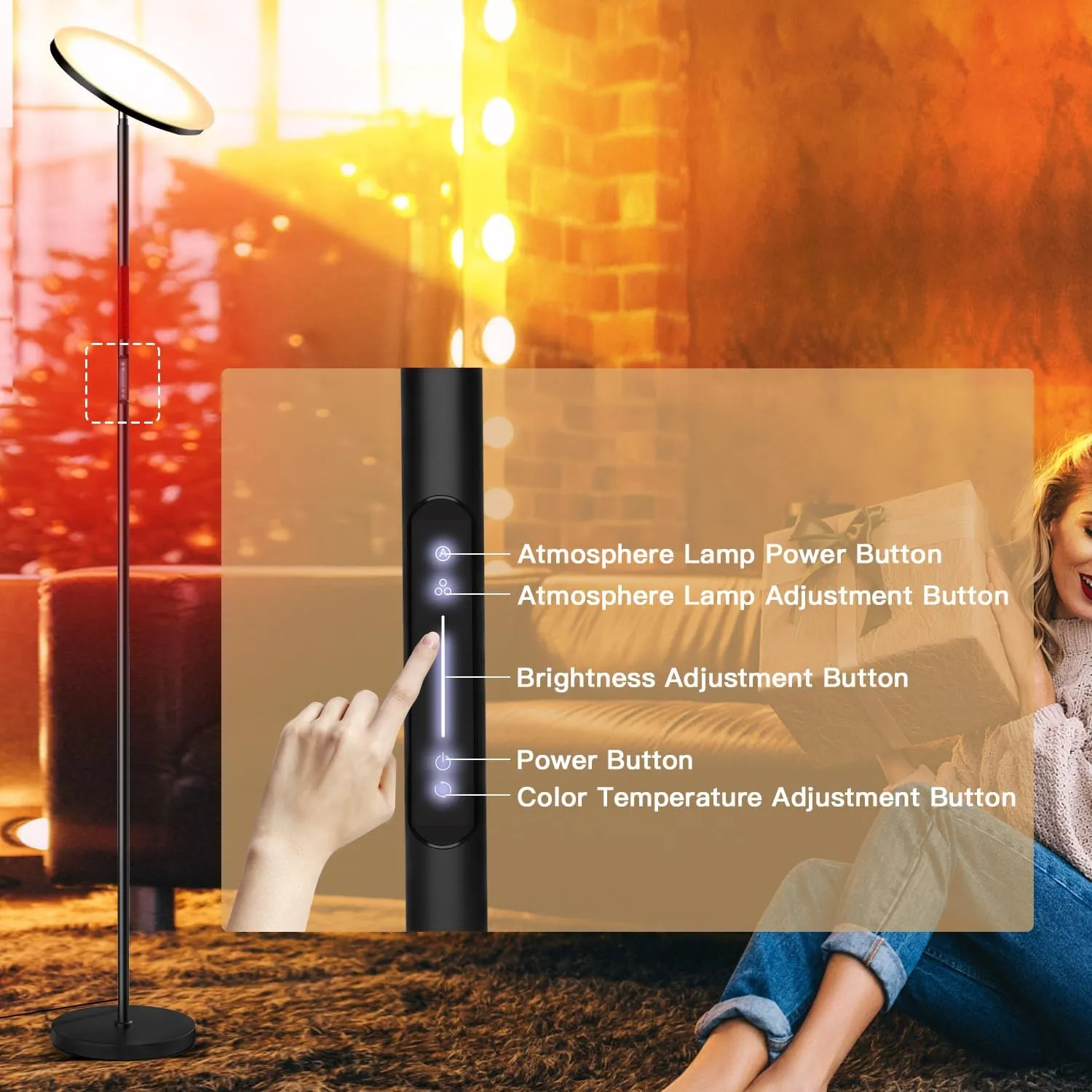 JOOFO LED Floor Lamp, RGB Atmosphere & Dimmable Bright Light with 3 Color Super Bright-Tall Standing Pole Light with Remote & Touch Control, Modern Lamp for Reading, Living Room, Bedroom, Office