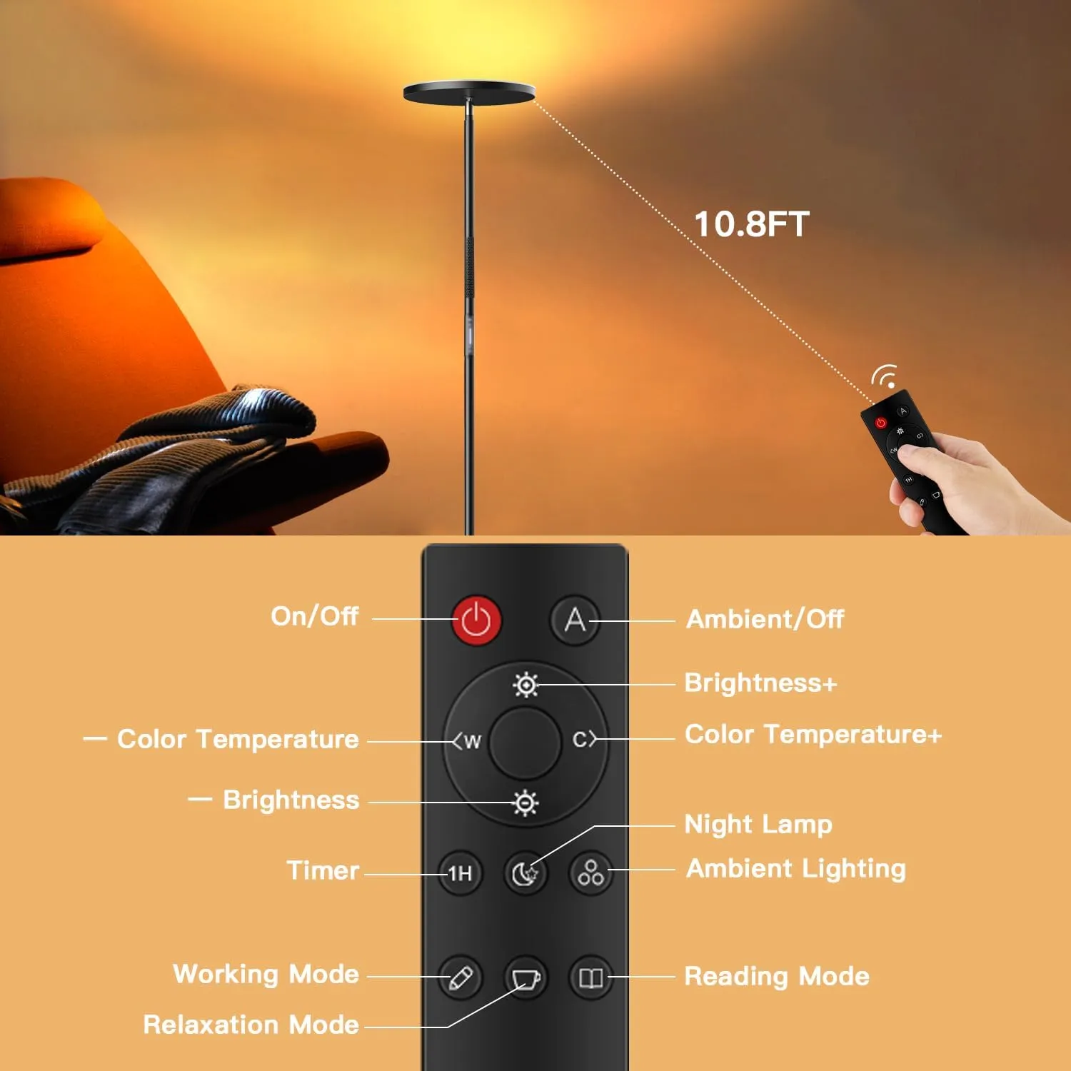 JOOFO LED Floor Lamp, RGB Atmosphere & Dimmable Bright Light with 3 Color Super Bright-Tall Standing Pole Light with Remote & Touch Control, Modern Lamp for Reading, Living Room, Bedroom, Office