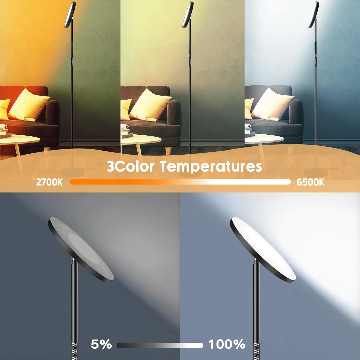 JOOFO LED Floor Lamp, RGB Atmosphere & Dimmable Bright Light with 3 Color Super Bright-Tall Standing Pole Light with Remote & Touch Control, Modern Lamp for Reading, Living Room, Bedroom, Office