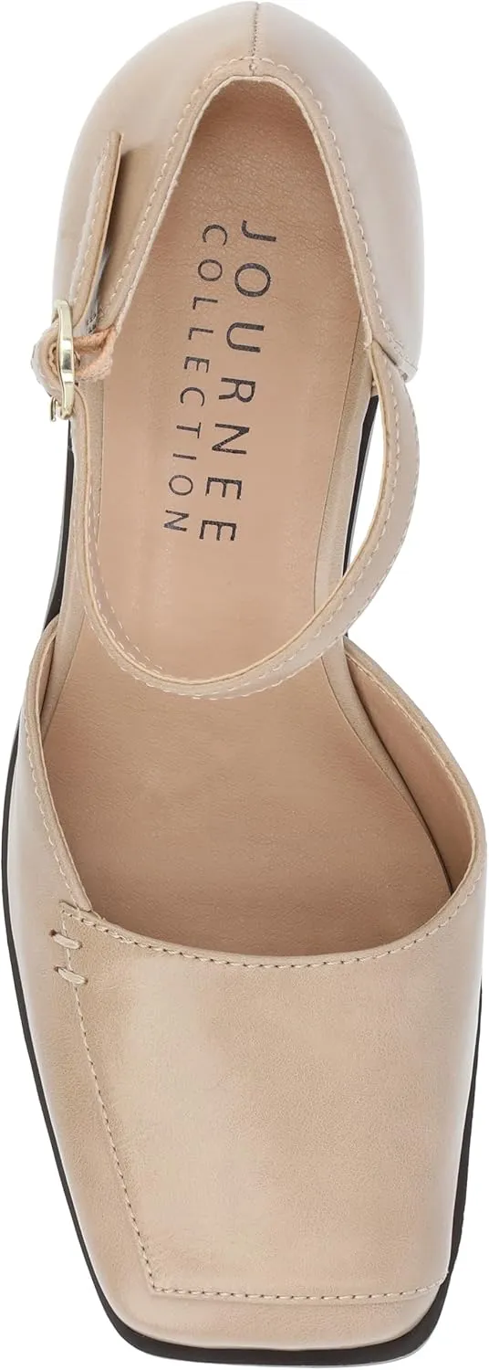 Journee Collection Womens Buckle Strap Open Square Toe Chunky Stacked Block Heel Evangeline Comfort Foam Pumps