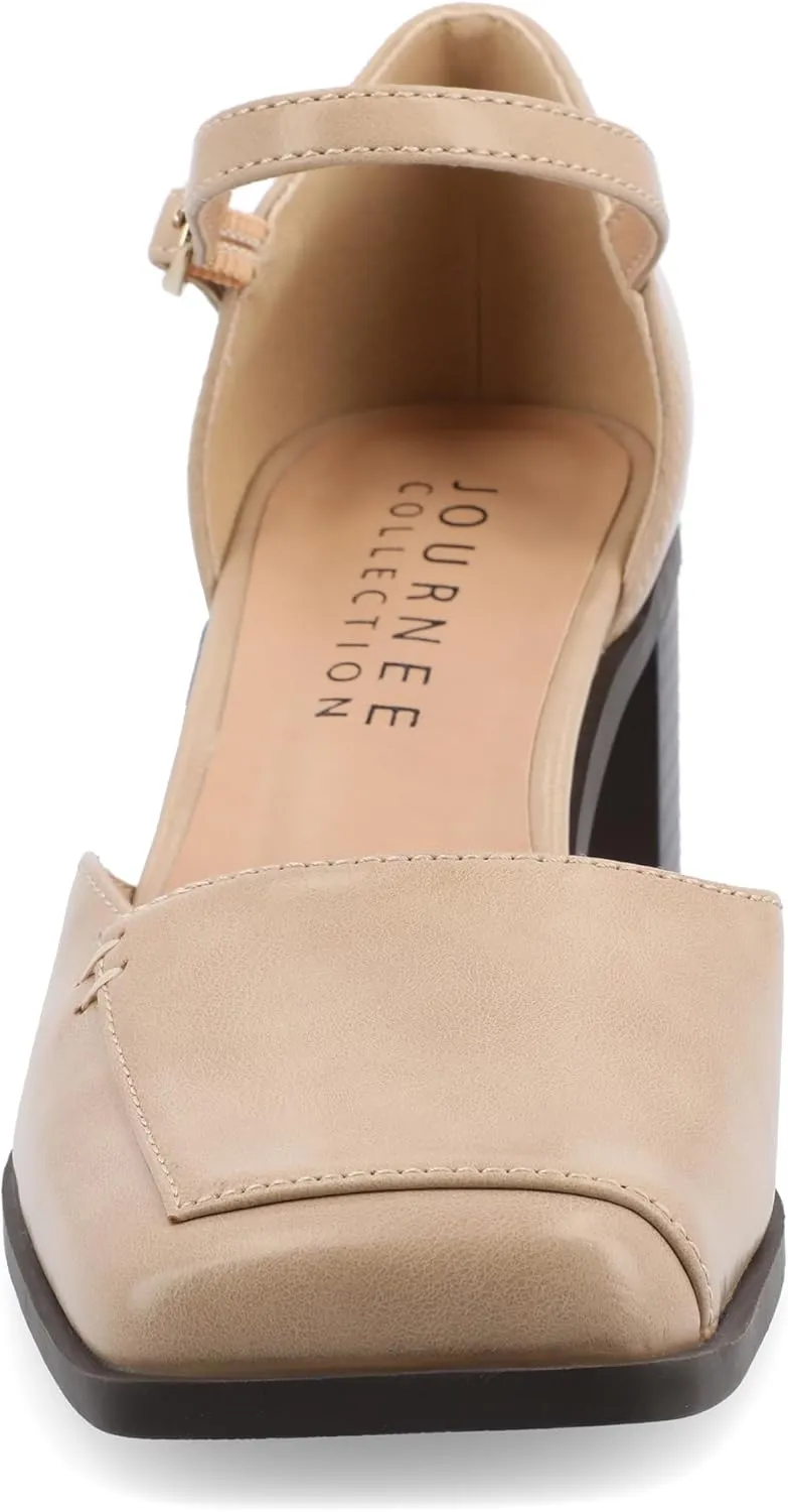 Journee Collection Womens Buckle Strap Open Square Toe Chunky Stacked Block Heel Evangeline Comfort Foam Pumps