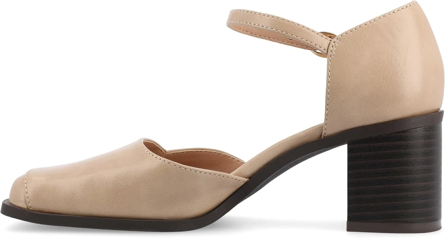 Journee Collection Womens Buckle Strap Open Square Toe Chunky Stacked Block Heel Evangeline Comfort Foam Pumps