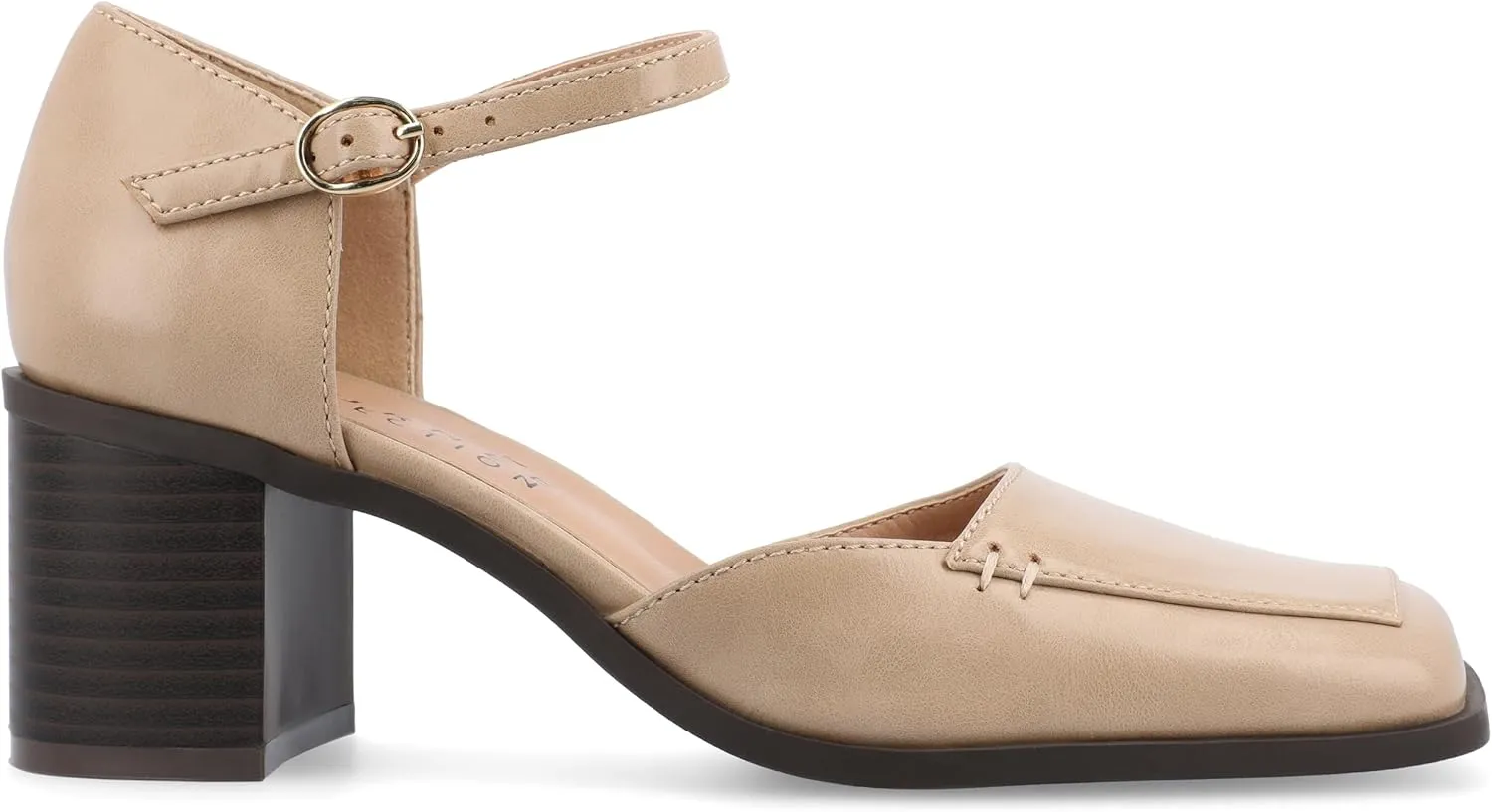 Journee Collection Womens Buckle Strap Open Square Toe Chunky Stacked Block Heel Evangeline Comfort Foam Pumps