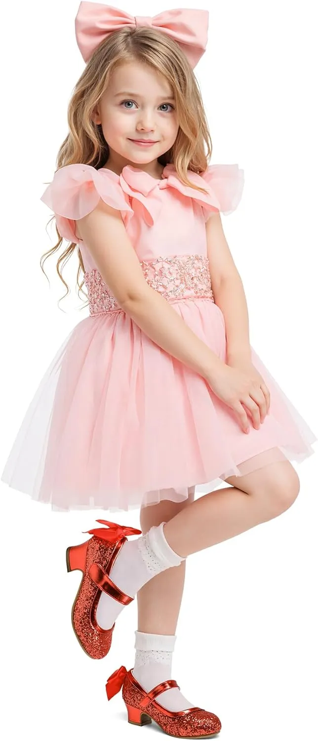 K KomForme Girls Dress Shoes Glitter Mary Jane Pumps with Bow, Low Heel Party Wedding Princess Shoes (Toddler/Little Kids/Big Kids)