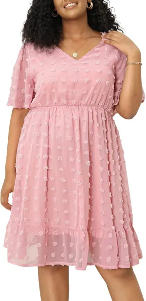 Keluummi Plus Size Wedding Guest Casual Midi Dresses for Curvy Women, Summer Swiss Dot A Line Dress