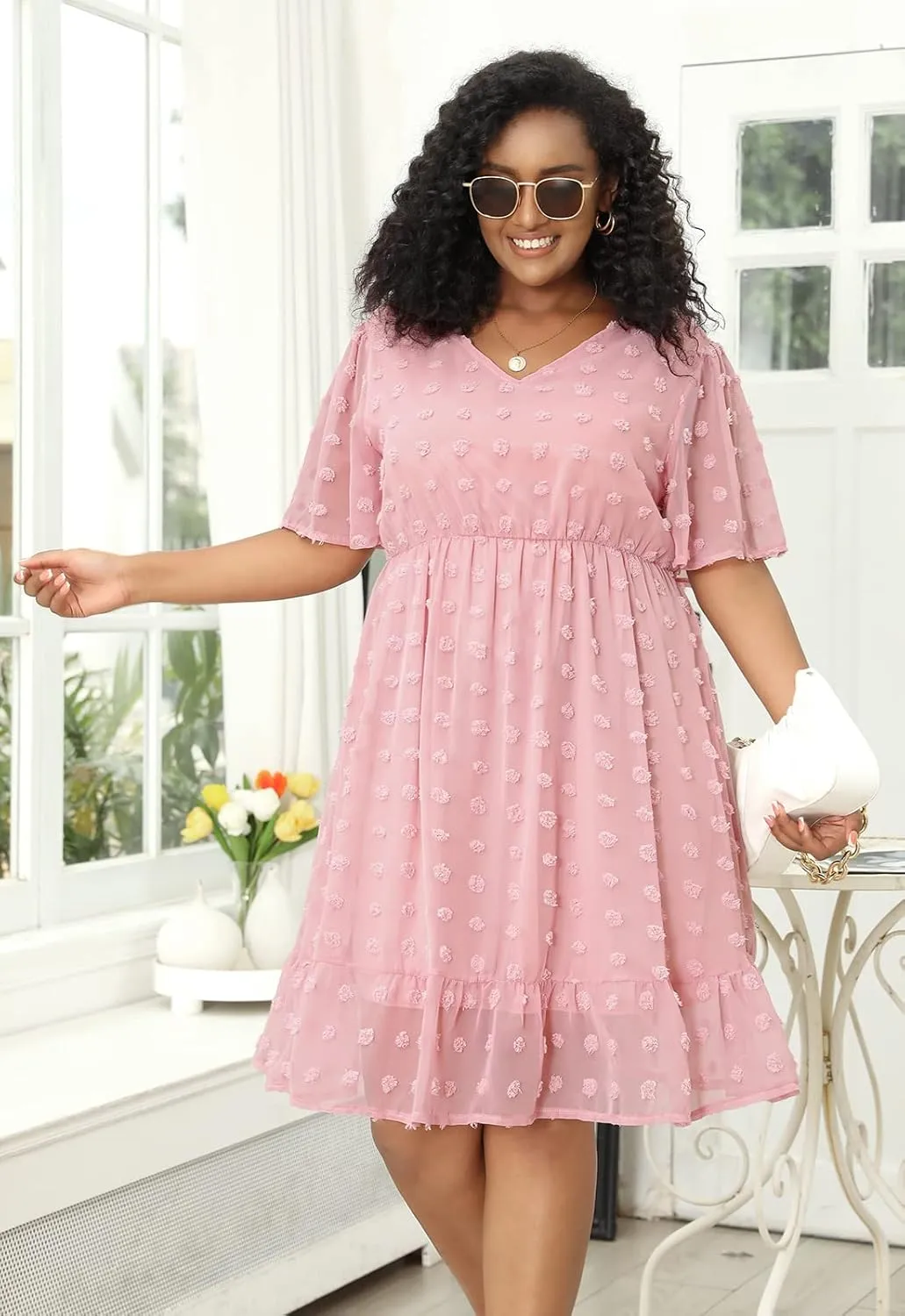Keluummi Plus Size Wedding Guest Casual Midi Dresses for Curvy Women, Summer Swiss Dot A Line Dress