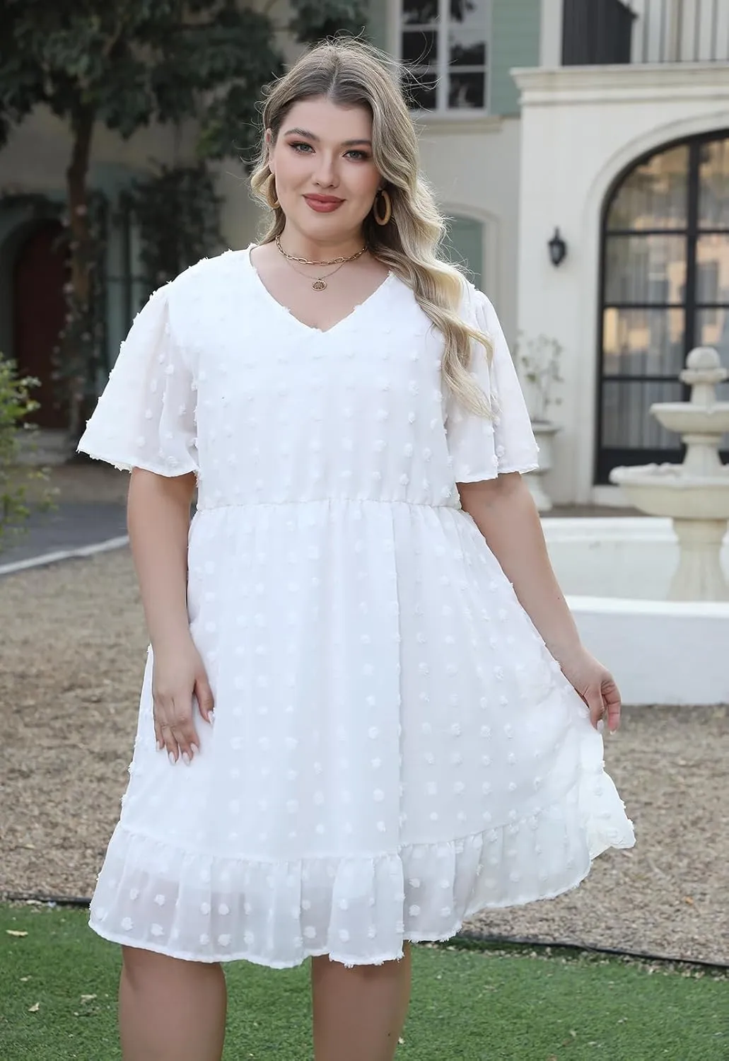 Keluummi Plus Size Wedding Guest Casual Midi Dresses for Curvy Women, Summer Swiss Dot A Line Dress
