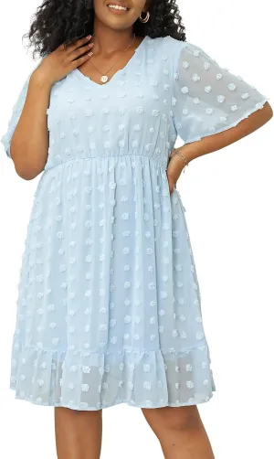 Keluummi Plus Size Wedding Guest Casual Midi Dresses for Curvy Women, Summer Swiss Dot A Line Dress