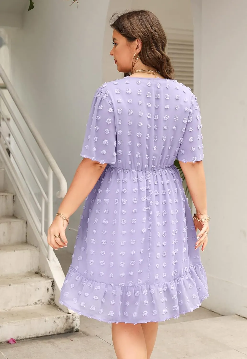 Keluummi Plus Size Wedding Guest Casual Midi Dresses for Curvy Women, Summer Swiss Dot A Line Dress